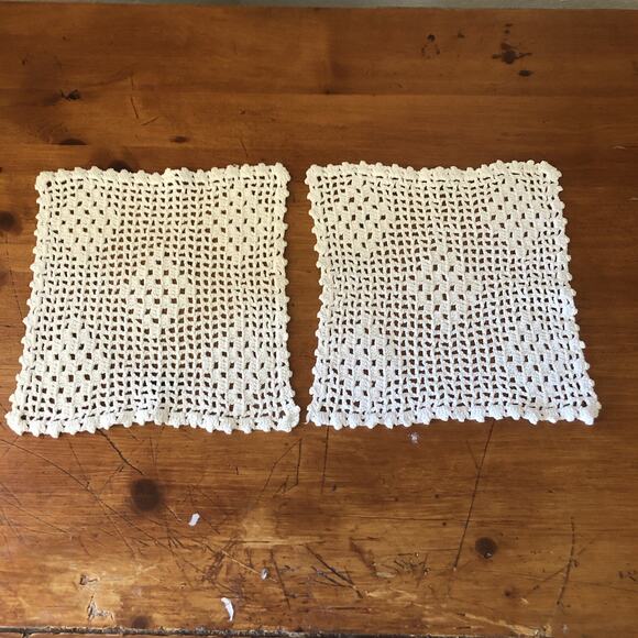 Handmade Crocheted Arm Chair Doily Set Rectangular White Lace Scalloped Edge - Picture 1 of 6